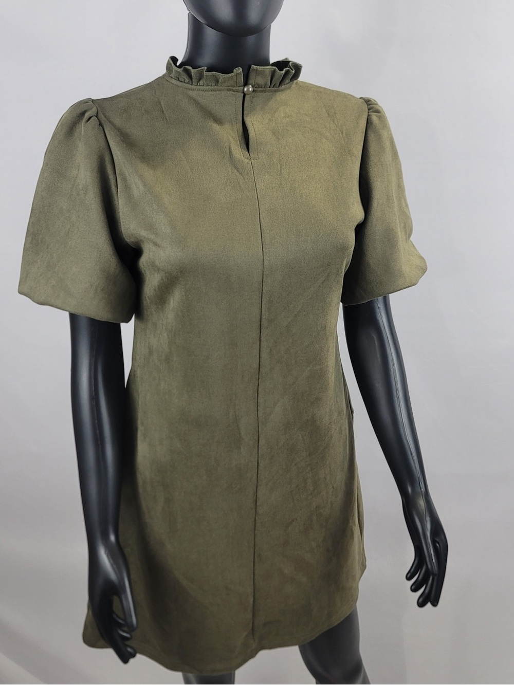 Size S Olive Green Short Sleeve Mini Dress with Ruffle Collar